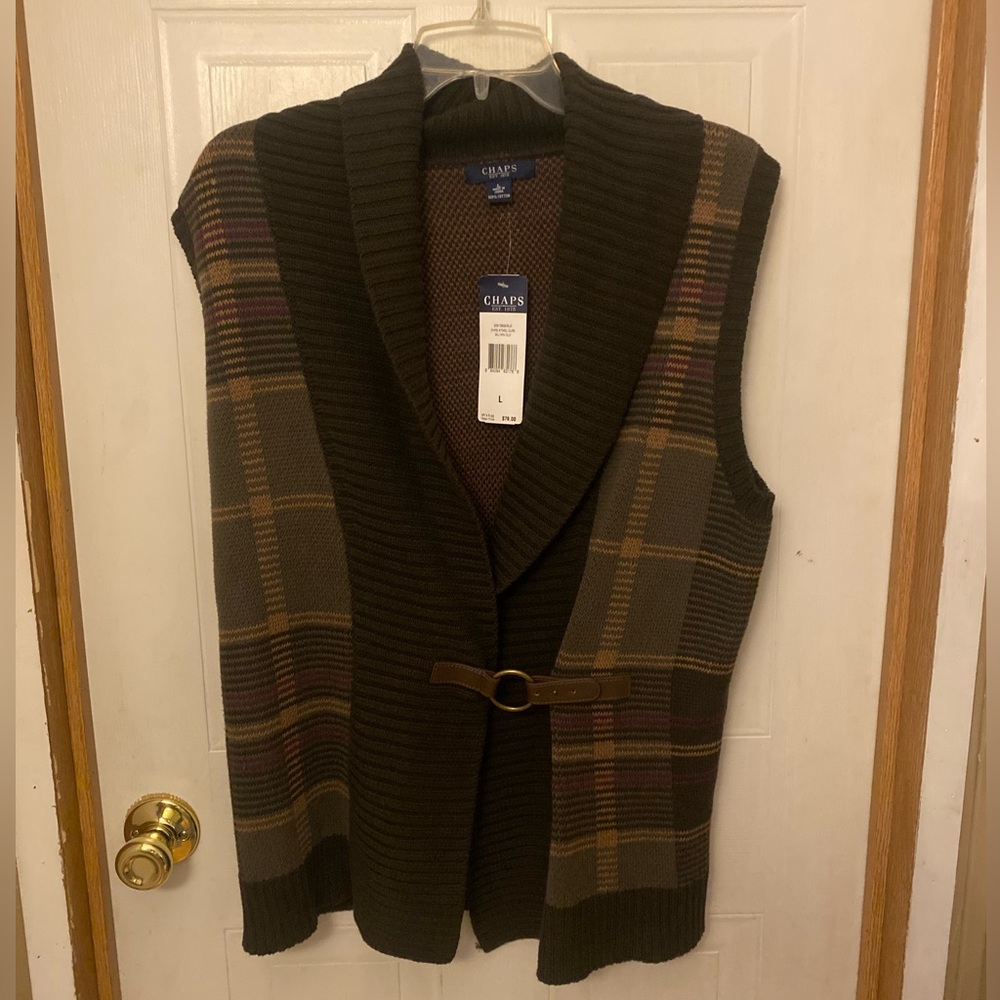 Chaps Equestrian Style Plaid Shawl Collar Knit Sweater Vest